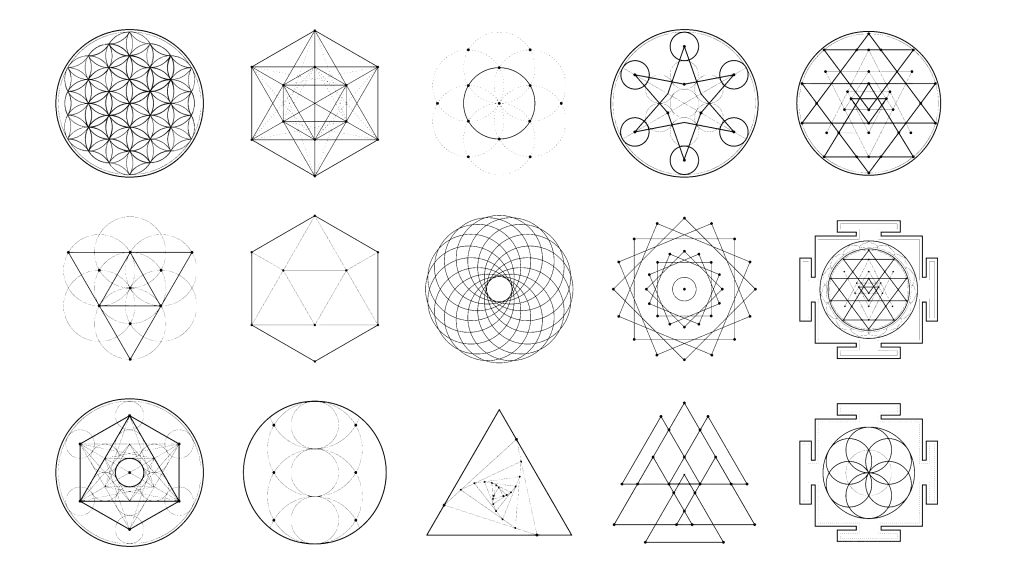 A collection of crystal grids common to new age and crystal healing paradigms.